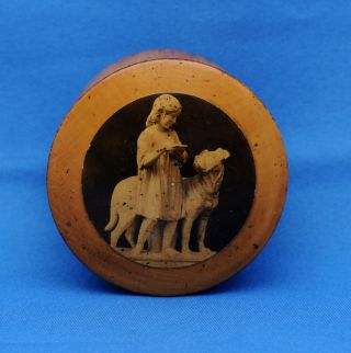 Antique Mauchline Ware Thread Box Child With Mastiff Illustration