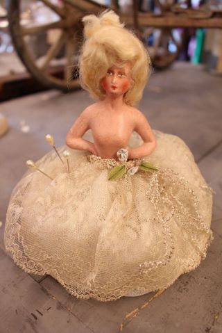 French Chalkware Vintage Antique Half Doll Pincushion Lady