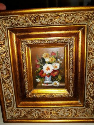 Vintage Small Mini Wood Framed Oil Painting Wall Art Floral Flower Arrangement