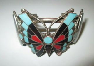Antique Native American Silver 3 Butterfly Bracelet With Turquoise,  Jet,  And Coral