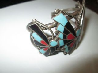 Antique Native American Silver 3 Butterfly Bracelet with Turquoise,  Jet,  and Coral 2