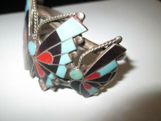 Antique Native American Silver 3 Butterfly Bracelet with Turquoise,  Jet,  and Coral 3