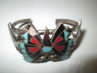 Antique Native American Silver 3 Butterfly Bracelet with Turquoise,  Jet,  and Coral 6
