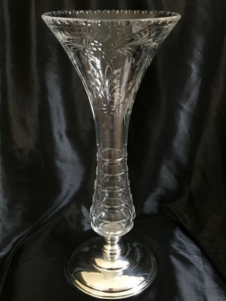 Antique Hawkes Fine Cut Engraved Vase Sterling Silver Base 58 Pwts Large 12 1/2”
