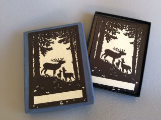 Antique/Vintage Boxed Book Plates - Lending Library - Deer Family Forest Silhouette 2