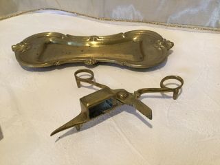 Antique 19th C.  Hand Forged Solid Brass Candle Snuffer Scissor W/ Tray - England