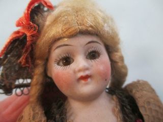 Antique German All Bisque Doll Glass Eyes Stiff Neck Provincial Costume 5 "