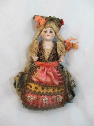 Antique German All Bisque Doll Glass Eyes Stiff Neck Provincial Costume 5 