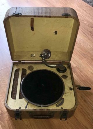 Vintage Antique Wind - Up Crank Portable Suitcase Phonograph Record Player Geib?