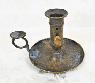 Antique 19th Century Brass Push Up Chamberstick Candle Holder Patina