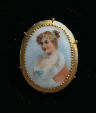 Antique Victorian Edwardian Hand Painted Porcelain Woman Brooch 1 1/2 " M038