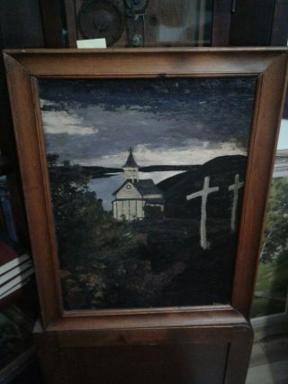 Antique Oil Painting Religious Folk Art Church And Grave Stones