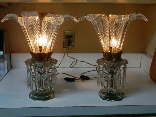 Antique Pair Art Deco Mantle Luster Crystal Lamps Prisms & Removable " Feathers "