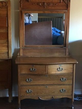Antique Victorian Oak Dresser With Carved Mirror
