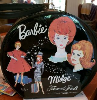 Vintage 1964 Barbie And Midge Travel Pals Case Hatbox Mattel Round Black