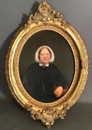 19thc Antique Victorian Era Primitive Lady Portrait Oil Painting Old Gesso Frame