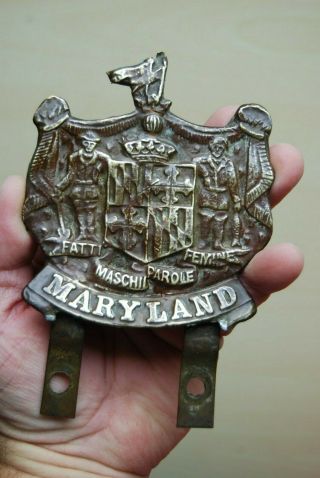 Antique / Vintage Bronze Automobile License Plate Topper Maryland State Seal