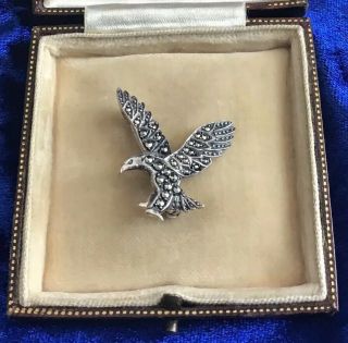 Fine Antique Art Deco Solid Silver & Marcasites Miniature American Eagle Brooch