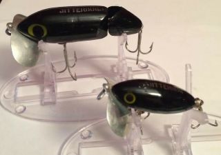 2 Vintage Fred Arbogast Jitterbug 1 Jointed Black Fishing Lures