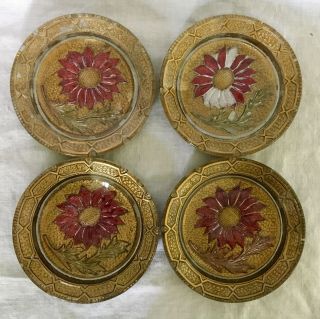 4 Pc.  Antique Goofus Glass Gold & Red Daisy Plates Uncommon