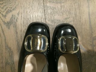 Salvatore Ferragamo Vintage Black Patent Leather W Plastic Buckle Heels 7b