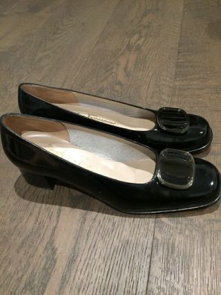 Salvatore Ferragamo Vintage Black Patent Leather W Plastic Buckle Heels 7B 4