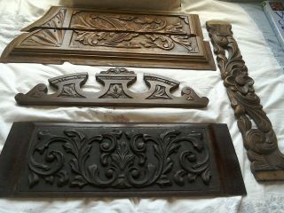 4 Antique Carved Wooden Panels Plaque Victorian Swags Acanthus Rosewood Mahogany