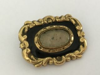 Antique Victorian 1890’s Gilt Metal Enamel Hair Mourning Brooch Pin.  1 1/8”