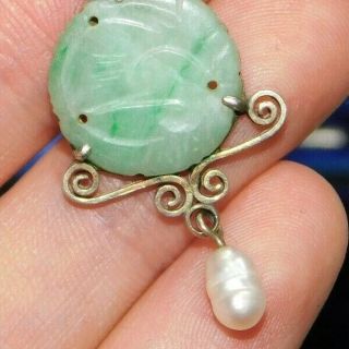 ANTIQUE CHINESE CARVED NATURAL JADE JADEITE SOLID SILVER BAROQUE PEARL PENDANT 2