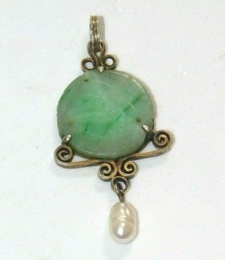 ANTIQUE CHINESE CARVED NATURAL JADE JADEITE SOLID SILVER BAROQUE PEARL PENDANT 3