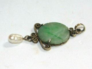 ANTIQUE CHINESE CARVED NATURAL JADE JADEITE SOLID SILVER BAROQUE PEARL PENDANT 4