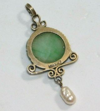 ANTIQUE CHINESE CARVED NATURAL JADE JADEITE SOLID SILVER BAROQUE PEARL PENDANT 5