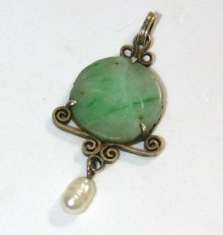 ANTIQUE CHINESE CARVED NATURAL JADE JADEITE SOLID SILVER BAROQUE PEARL PENDANT 6