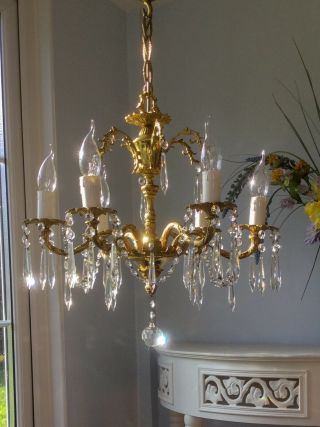 Gorgeous Vintage French 6 Arm Gilt Brass Chandelier Light.  Crystal Drops.