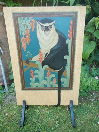 Antique 1930s Art Deco Painted Carved Wooden Screen Colobus Monkey Decoration