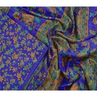 Sanskriti Vintage Blue Saree 100 Pure Silk Printed Indian Sari Craft Fabric