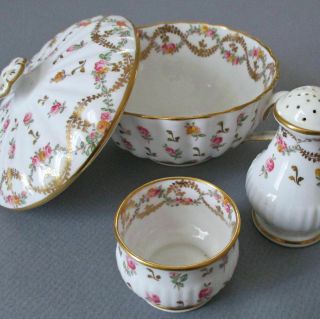 Antique Copeland Porcelain 3 - Pc Breakfast Set Covered Bowl Egg Cup Shaker