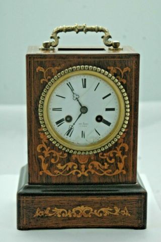 Antique Henry Marc Paris Inlaid Wood Carriage Clock With Key,  C1850