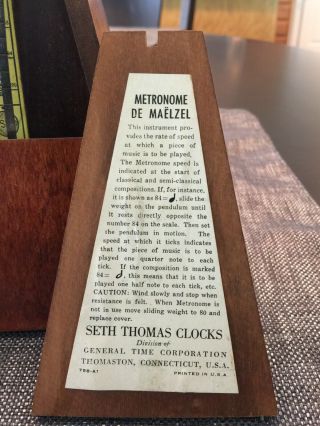 Vintage 5105 Seth Thomas Metronome De Maelzel Wood & Brass Great 7