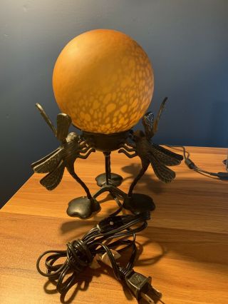 Rare Antique Heavy Brass Art Deco Dragonfly Lamp Glass Globe