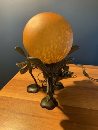 Rare Antique Heavy Brass Art Deco Dragonfly Lamp Glass Globe 2