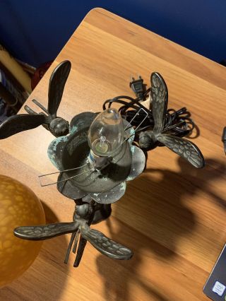 Rare Antique Heavy Brass Art Deco Dragonfly Lamp Glass Globe 3