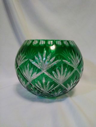 Vintage Large Rose Bowl Vase Emerald Green Cut To Clear Crystal Glass