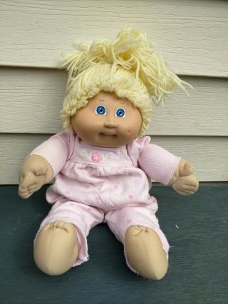 Vintage 1985 Cabbage Patch Kids Blonde Hair Blue Eyes Pink Outfit Ponytail Dimpl