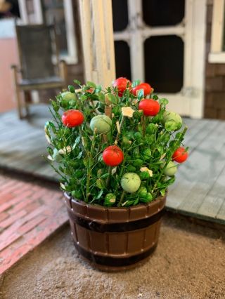 Artisan Miniature Dollhouse Vintage Large Tomato Plant Barrel Bucket Garden Farm 2