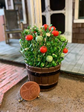 Artisan Miniature Dollhouse Vintage Large Tomato Plant Barrel Bucket Garden Farm 6