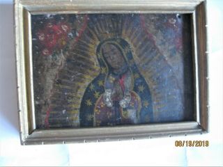 Wonderful Antique Retablo On Tin With Image Of Our Lady Of Guadalupe