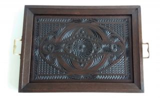 Large Antique Dutch Frisian Chip Carved Wood Serving Tray Solid Brass Handles