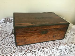 Antique Large Mahogany Campaign Writing Slope - Drawer,  Brass Fittings & Inkwell