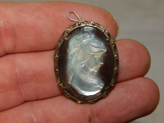 Antique 800 Silver Cameo Brooch Or Pendant Mother Of Pearl & Abalone.